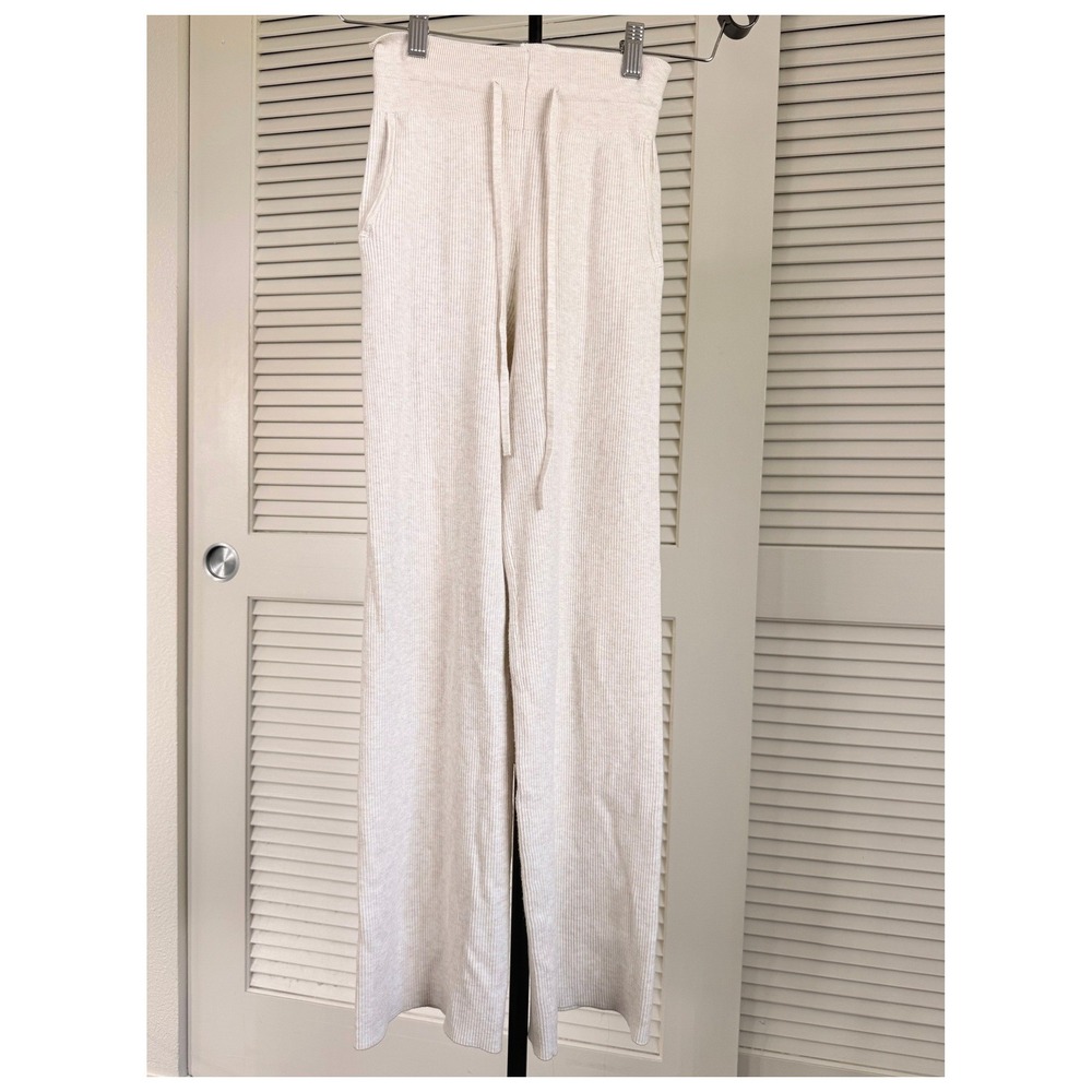 Uniqlo Ribbed Knit Wide Leg Pants Cream Oatmeal XS Drawstring Lounge Minimalist